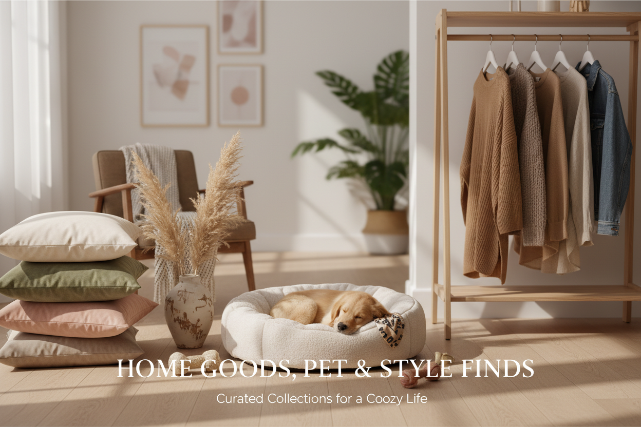 GENERAMI IMMAGINE BANNER PER SITO CHE VENDE PRODOTTI PER LA CASA,OGGETI PER CANE E ANCHE VESTITI